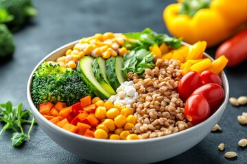Hyper-realistic view of a balanced lunch bowl, where the grains, vegetables, and proteins are rendered in stunning detail, highlighting a nutritious meal.