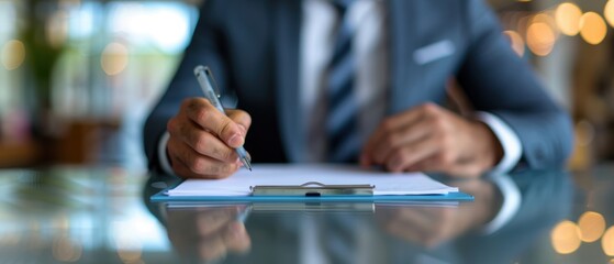 Businessman in Suit Writing on Desk