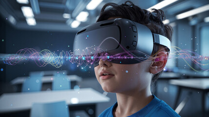 Child experiencing virtual reality with headset, futuristic classroom setting.