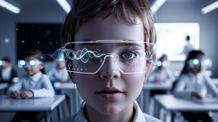 Child using futuristic glasses in a classroom with digital effects.