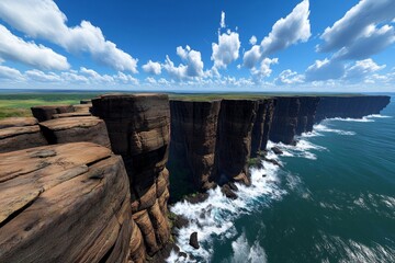 Hyper-realistic view of a wilderness coastline, where the waves crash against the rocks and the cliffs rise dramatically, showing the raw power of nature.