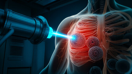 Laser treatment on human anatomy, showcasing chest area with glowing particles.