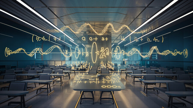 Digital classroom with holographic data visualizations on desks.