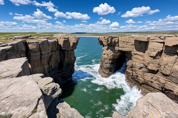 Fototapeta premium Hyper-realistic view of a wilderness coastline, where the waves crash against the rocks and the cliffs rise dramatically, showing the raw power of nature.