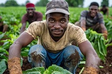 Farmers working in a cassava field, capturing the importance of agriculture in Nigeria's economy