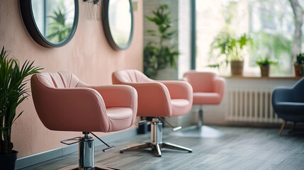 Fototapeta premium Cozy salon interior with pink chairs and natural light from large windows in a trendy space