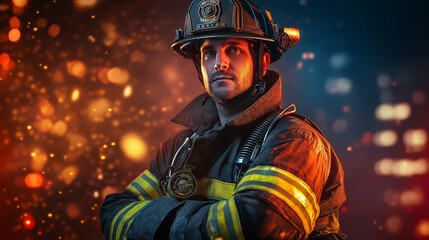 Fototapeta premium A firefighter stands in front of a building with a red background