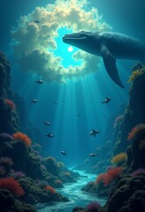 Fototapeta premium BioLuminescent Dreamscapes: Surreal Underwater Art Depicting the Dreams of Sleeping Whales 