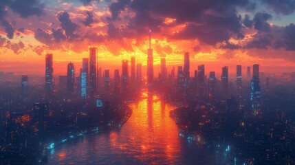 Futuristic City Skyline at Sunset with Reflective River Generative AI