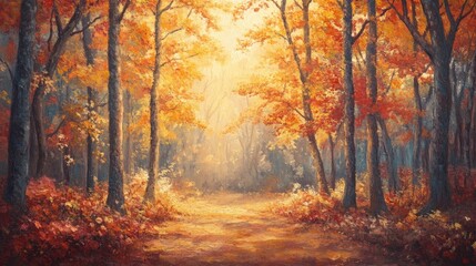 Obraz premium A tranquil forest scene featuring maple trees with their leaves in brilliant autumn shades, casting a warm glow over the woodland landscape