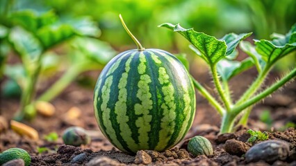 Ripe striped watermelon growing in garden macro