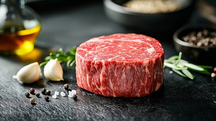 Fresh, uncooked Wagyu steak, detailed marbling, resting on a black marble countertop surrounded by gourmet ingredients like truffle oil, garlic cloves, and sprigs of rosemary