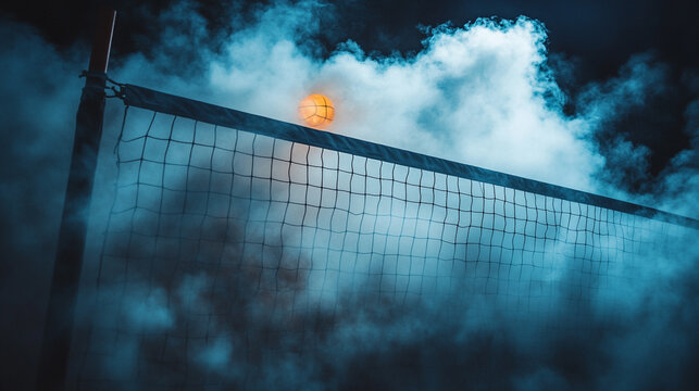 A volleyball suspended above the net surrounded by dramatic fog and atmospheric lighting at night - Powered by Adobe