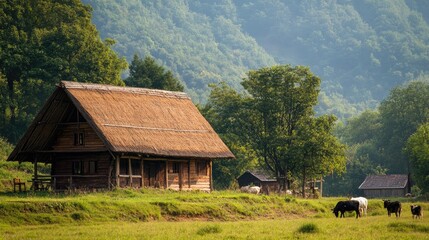 Fototapeta premium A traditional wooden house in a remote village, with a thatched roof and animals grazing nearby, capturing the simplicity of rural life.