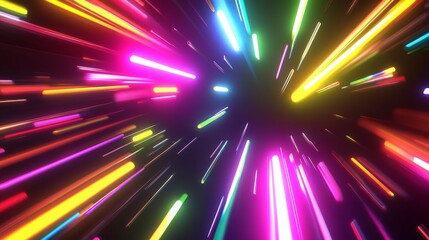 Fototapeta premium Abstract 3D background featuring colorful neon rays and glowing lines, showcasing a vivid spectrum of light and energy