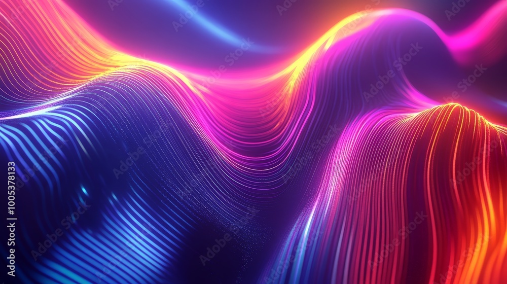 Poster abstract 3d background with a dynamic spectrum of bright colors, featuring neon rays and glowing lin