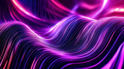 Fototapeta premium Abstract 3D background with a panoramic neon design, showcasing bright purple, violet, and pink lines illuminated by ultraviolet light