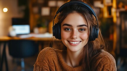 A woman wearing headphones smiles at the camera