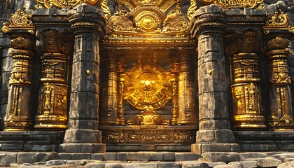 Another option is a sacred temple backdrop, with large stone pillars, golden relics, and ornate carvings. The stone would have a worn, ancient look, while golden details reflect the Incas’ reverence.