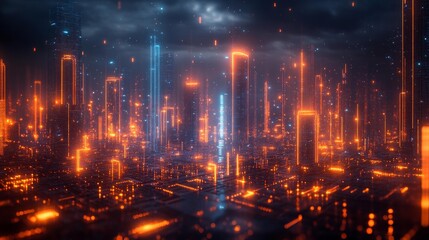 Obraz premium Futuristic Cyberpunk Cityscape Glowing Neon Skyscrapers Generative AI