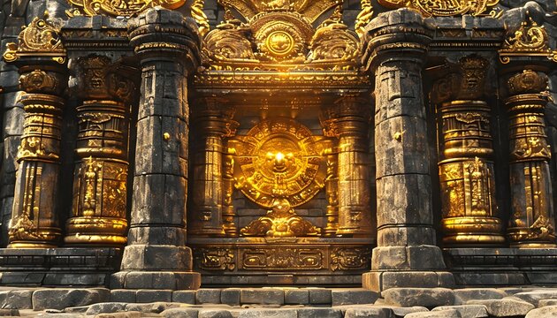 Another option is a sacred temple backdrop, with large stone pillars, golden relics, and ornate carvings. The stone would have a worn, ancient look, while golden details reflect the Incas&rsquo; reverence.