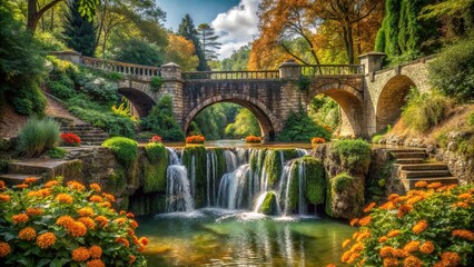 Naklejka premium Roman style ancient bridge with waterfalls and forest background