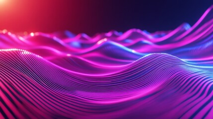 Abstract 3D neon background with a panoramic perspective, showcasing glowing purple, violet, and pink lines under UV light