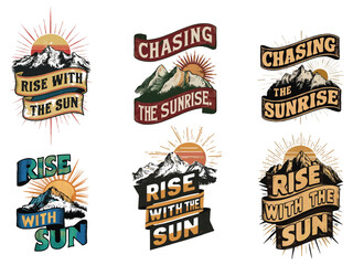 Create a vintage retro-style t-shirt design with bold, warped text 'Chasing the Sunrise' on a ribbon. T-shirt design set.