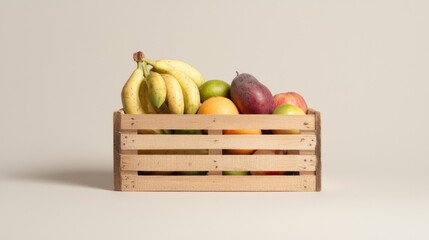 Abundant Harvest: Rustic Wooden Crate with Seasonal Fruits and Vegetables on Neutral Background