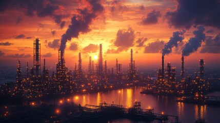 Industrial Oil Refinery at Sunset Generative AI