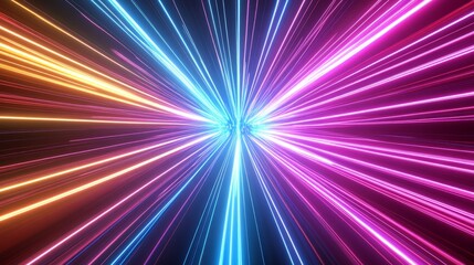 Abstract 3D render featuring a vibrant spectrum of neon rays and glowing lines, delivering a bright and dynamic background