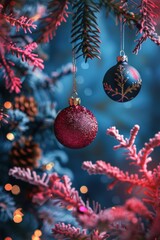 Obraz premium A Christmas tree with two red and blue ornaments hanging from the branches. The tree is surrounded by pink and blue colors, giving it a festive and joyful atmosphere