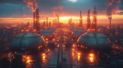 Naklejka premium Industrial Oil Refinery at Sunset with Glowing Lights Generative AI