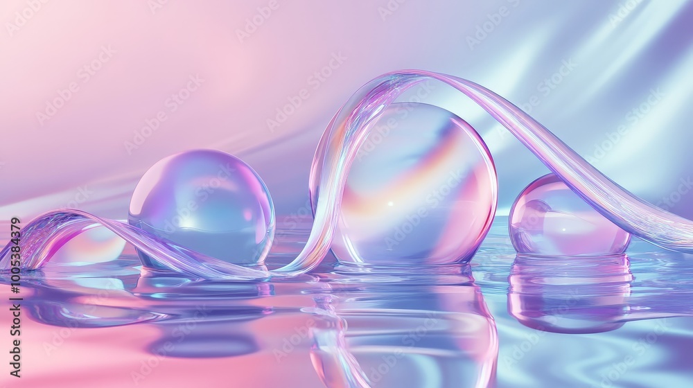Fototapete abstract 3d scene with a glass ribbon on water and geometric shapes including circles and spheres. i