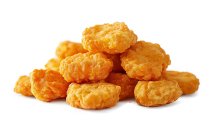 A pile of fried stack of chicken nuggets on a white background chicken pieces in the air