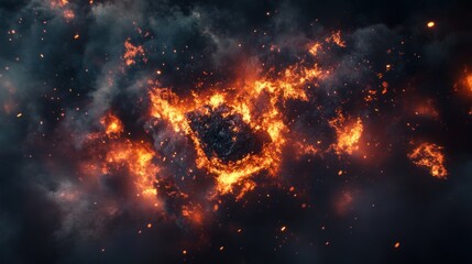 A dramatic depiction of fiery explosions amidst dark, swirling clouds.