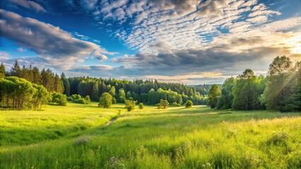 Naklejka premium Rural landscape with meadow, high seat, and forest