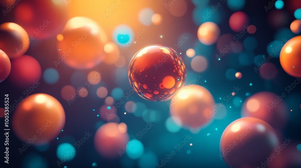 Poster abstract 3d spheres with a glowing effect, floating in a space with a dark background, creating a lu
