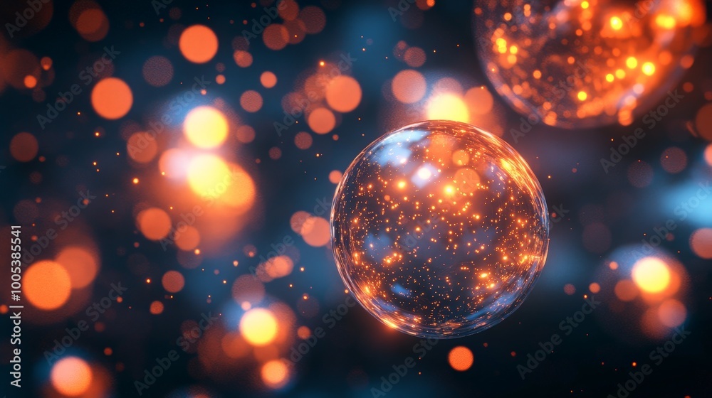 Poster abstract 3d spheres with a glowing effect, floating in a space with a dark background, creating a lu
