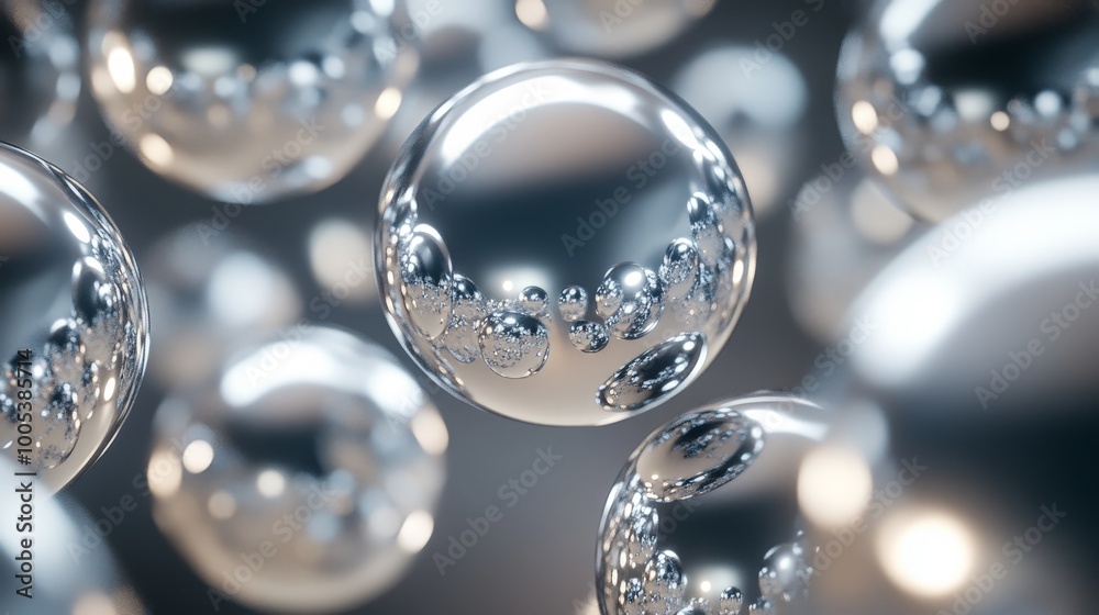 Poster abstract 3d spheres with shimmering textures, arranged in a floating pattern with subtle lighting an