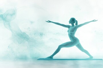 Naklejka premium A serene silhouette of a woman practicing yoga, embodying balance and tranquility against a soft, ethereal backdrop.