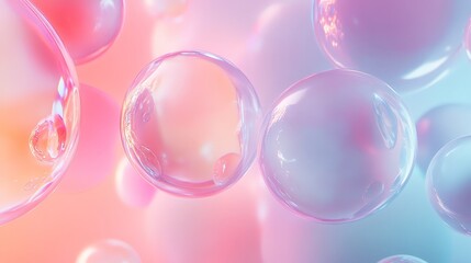 Abstract 3D spheres with translucent surfaces and glowing edges, floating in a soft, pastel-colored environment