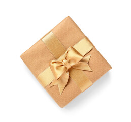 Christmas gift box with golden ribbon on white background
