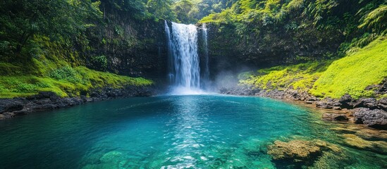 A pristine waterfall cascades into a crystal-clear turquoise pool surrounded by lush greenery.