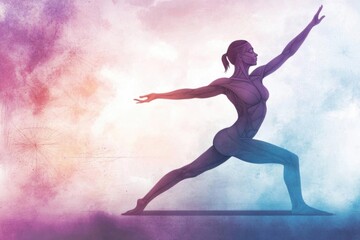 Naklejka premium Dynamic yoga pose illustration, showcasing strength and flexibility against a vibrant abstract background.