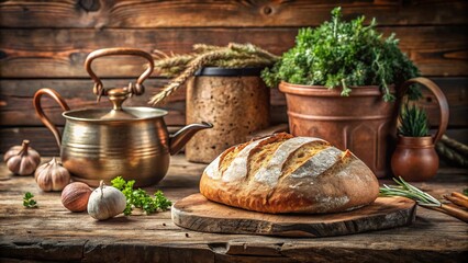 Rustic kitchen scene with bread, herbs, and copper cookware on wooden table evoking warmth and comfort