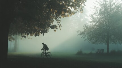 Obraz premium A cyclist in the early morning fog, riding through a quiet, misty park with soft sunlight beginning to break through the trees.