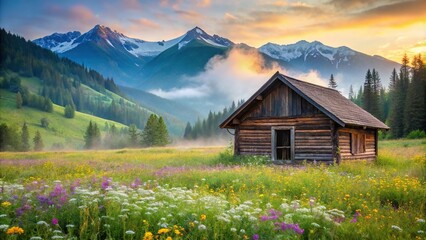 Fototapeta premium Rustic wooden cabin in field of wildflowers with misty mountains