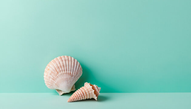 Beautiful seashells on a light turquoise background