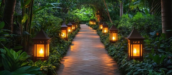A brick pathway lined with lit lanterns leading through a lush tropical garden.